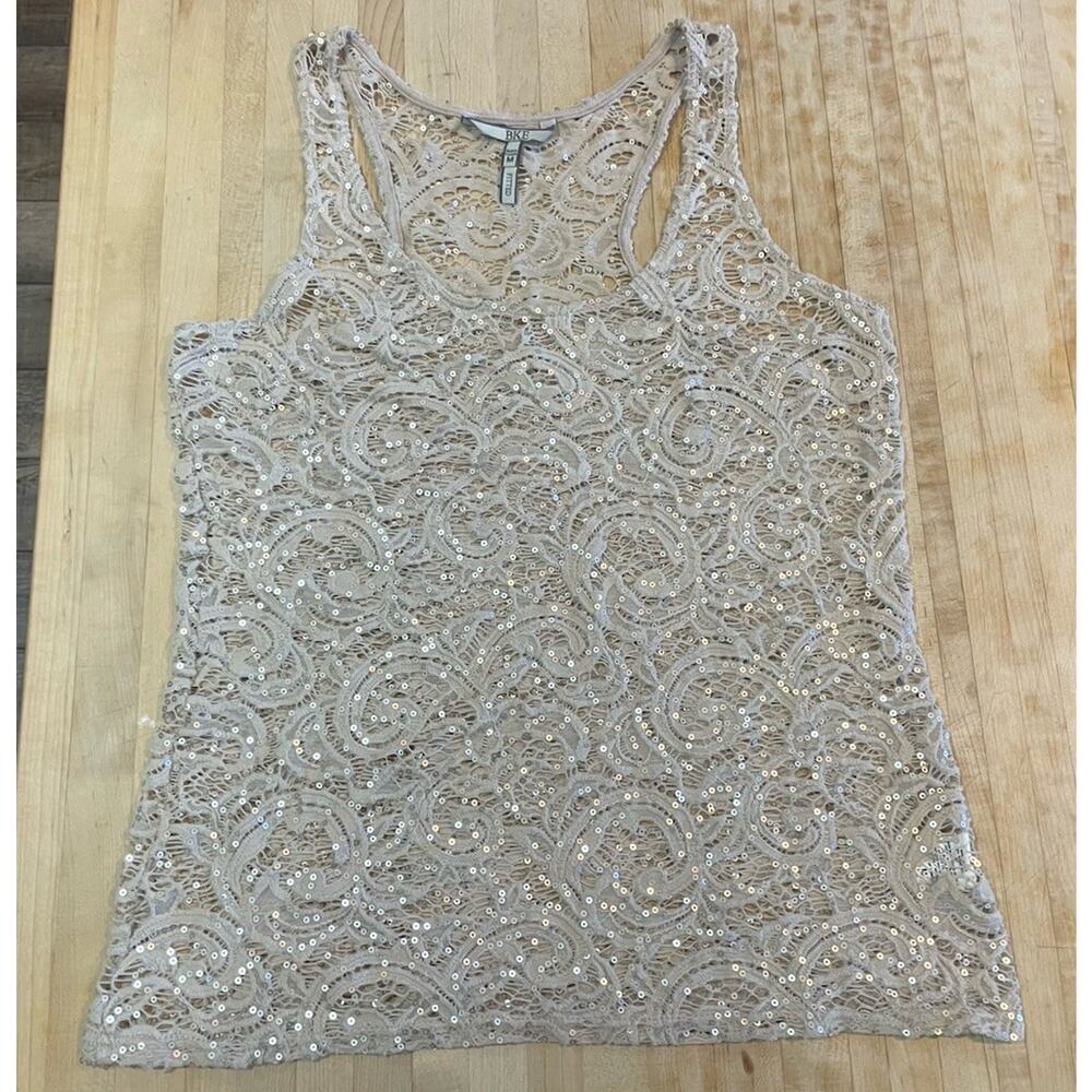 BKE Beige Fitted Floral Lace Sequin Tank Top Sheer M Boho Y2K Festival Fairycore
